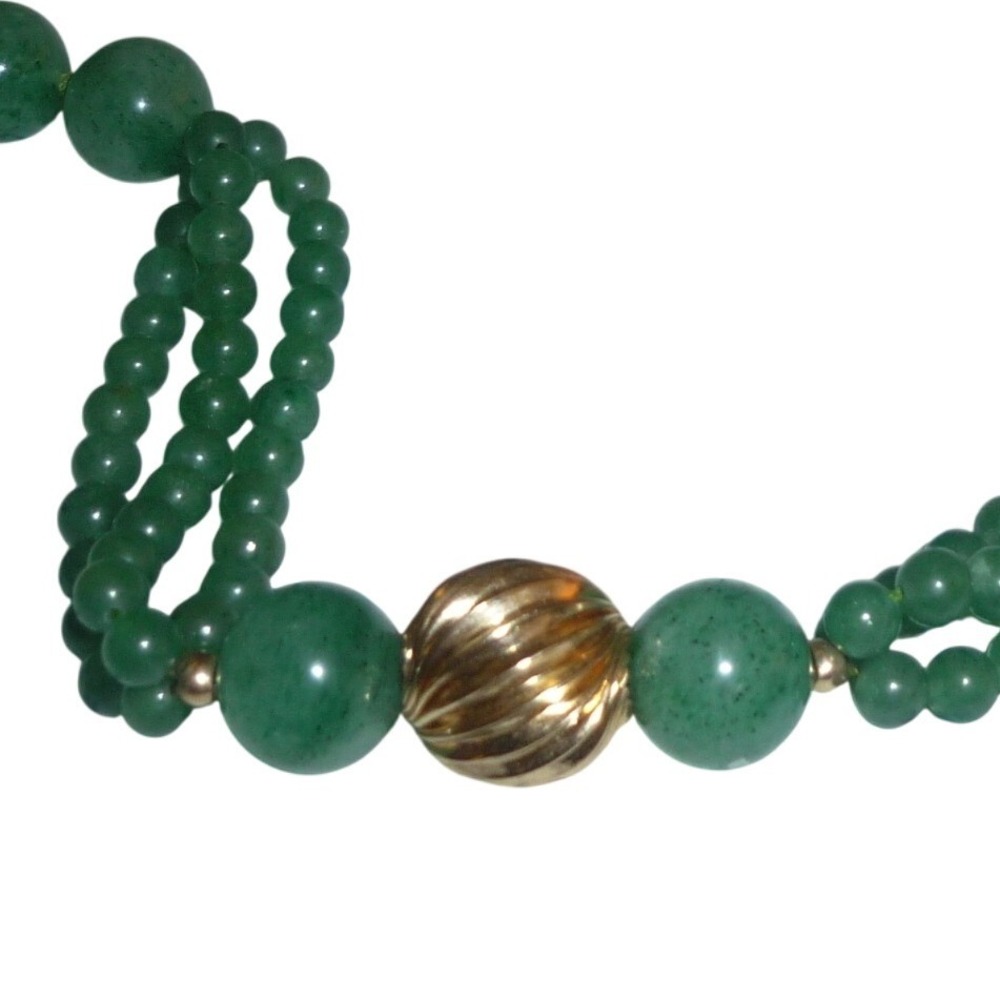 Green Aventurine Beaded Necklace Multi-Strand‎ Gold Ribbed Focal Bead 28" Long